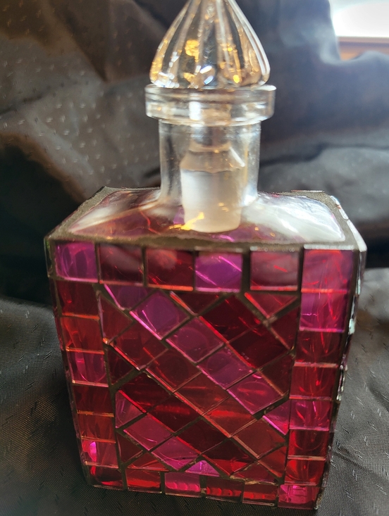Other - Faceted 5.5 x 3 In. Glass Perfume Bottle with Pink Mosaic Panels With Stopper